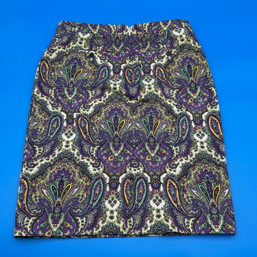 J. Crew No 2‎ Pencil Skirt Paisley Print Purple Green Yellow Classic Fit Size 6